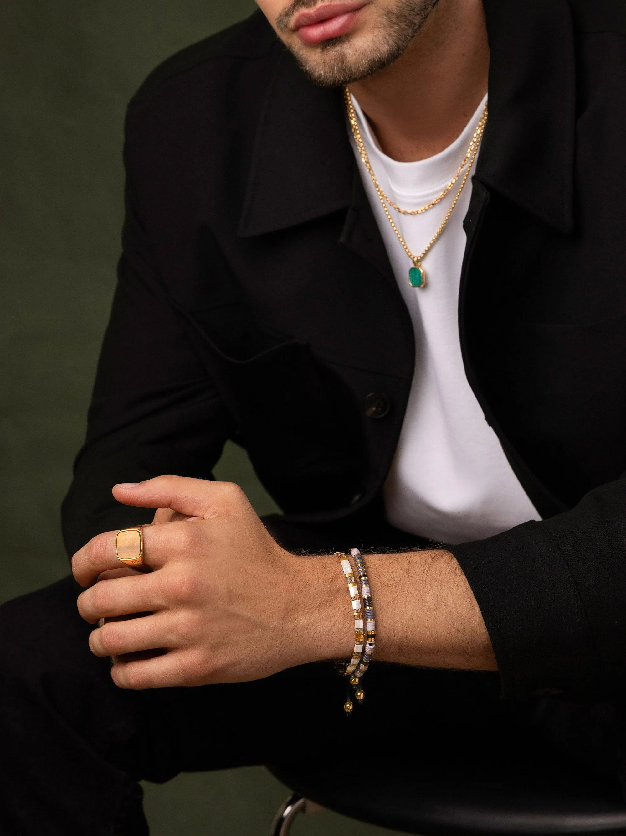 Men's Bracelet with White, Marbled Amber and Gold Miyuki Tila Beads