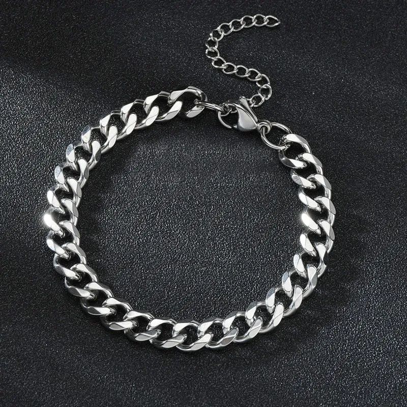 Mens Silver Steel Chain Bracelet Domineering Cuban Link