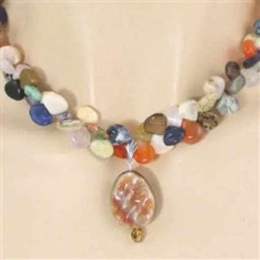 Mixed Gemstone Teardrop & Abalone Shell  Pendant Necklace