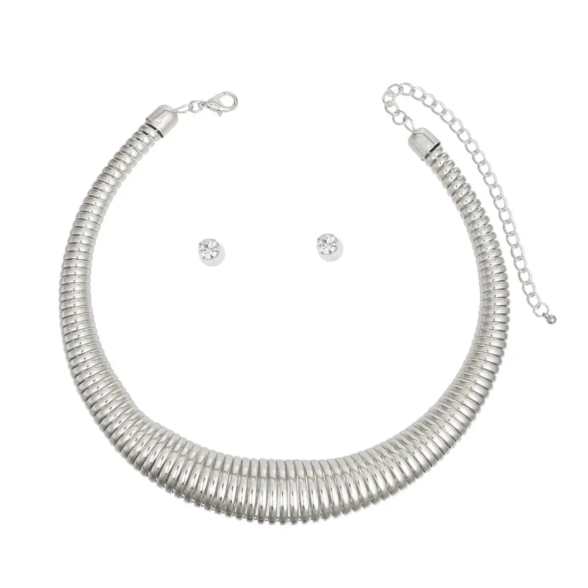 Modern Chunky Silver Spring Coil Choker Necklace Set with Hollow Design & Rhinestone Stud Earrings