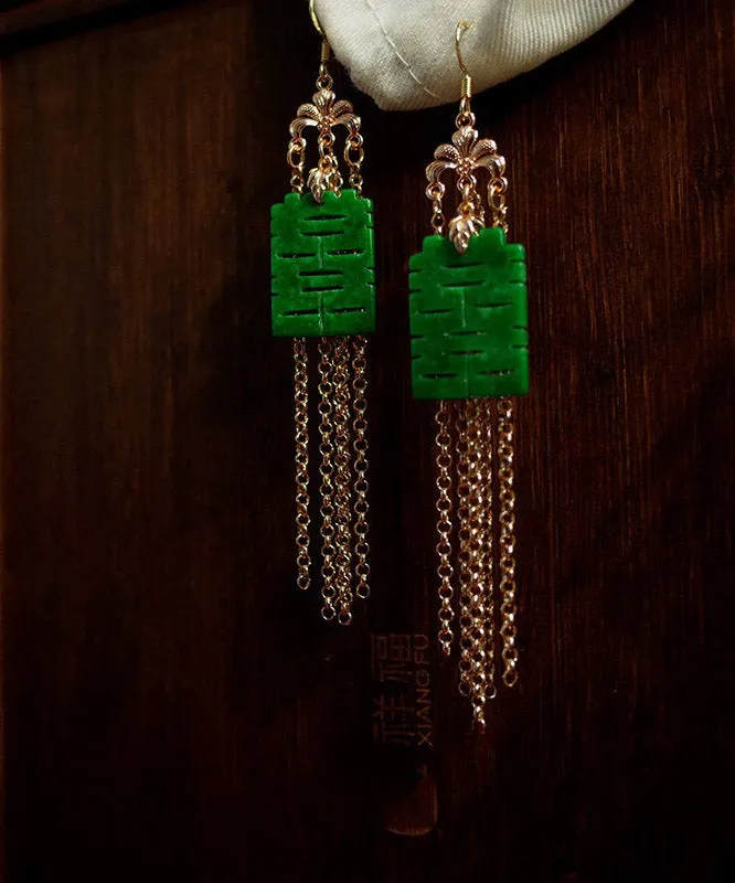 Modern Green Sterling Silver Jade Dry Green Gadeite Graphic Drop Tassel Earrings LY2002