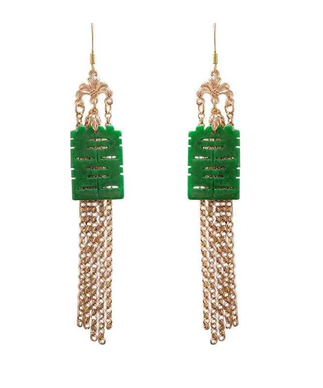 Modern Green Sterling Silver Jade Dry Green Gadeite Graphic Drop Tassel Earrings LY2002