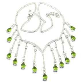 Multi-Strand Created Green Peridot Teardrop Statement Wedding Necklace