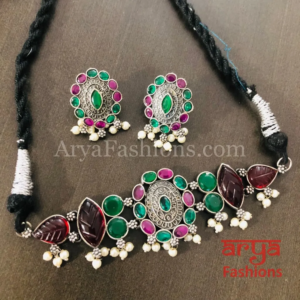 Multicolor stone Silver Oxidized Tribal Choker with Stud earrings