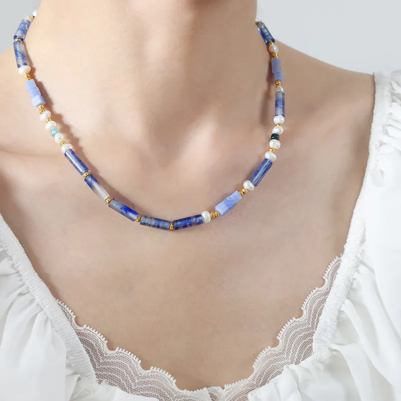 Natural Freshwater Pearl And Blue Chalcedony Beaded Necklace