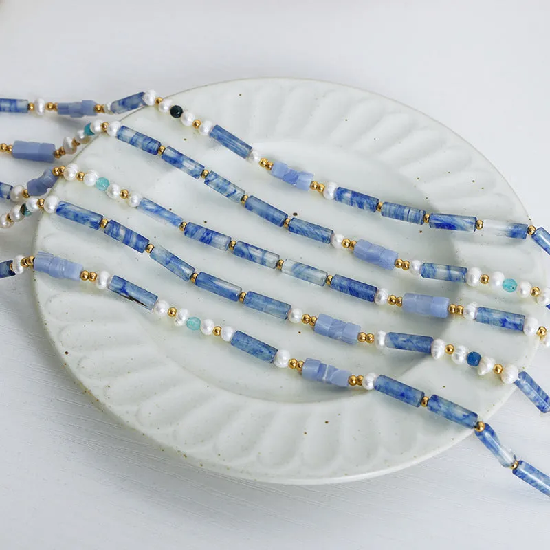 Natural Freshwater Pearl And Blue Chalcedony Beaded Necklace