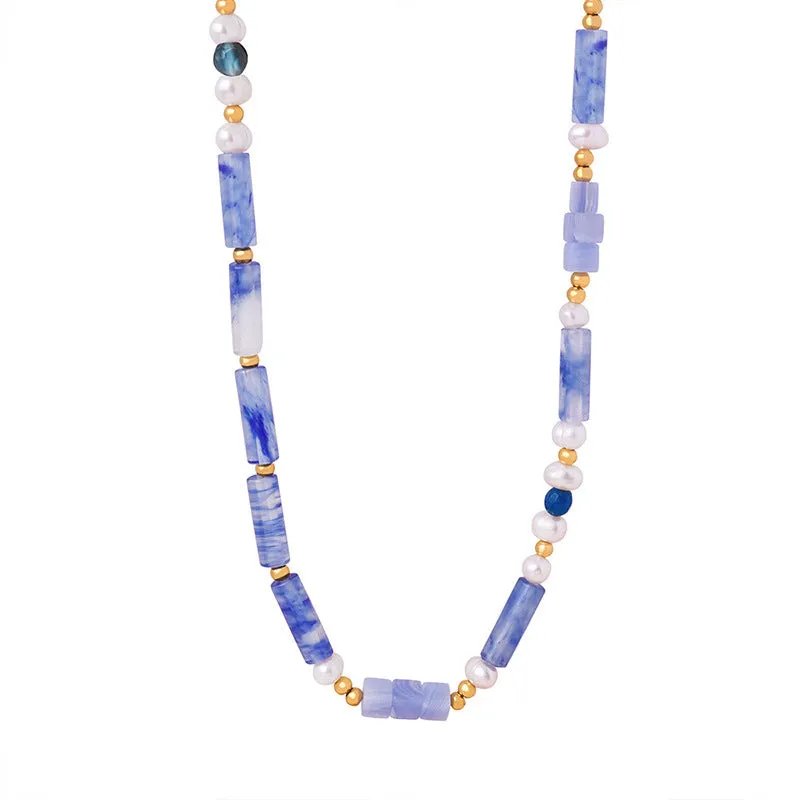 Natural Freshwater Pearl And Blue Chalcedony Beaded Necklace