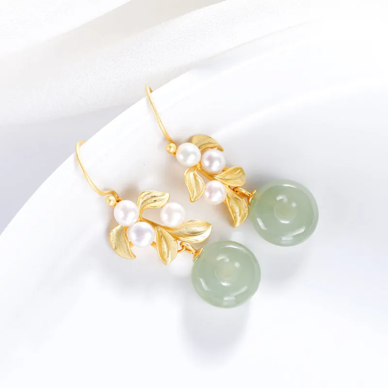 Natural Jade Earrings Nephrite Pearl Silver Earrings ZNE366