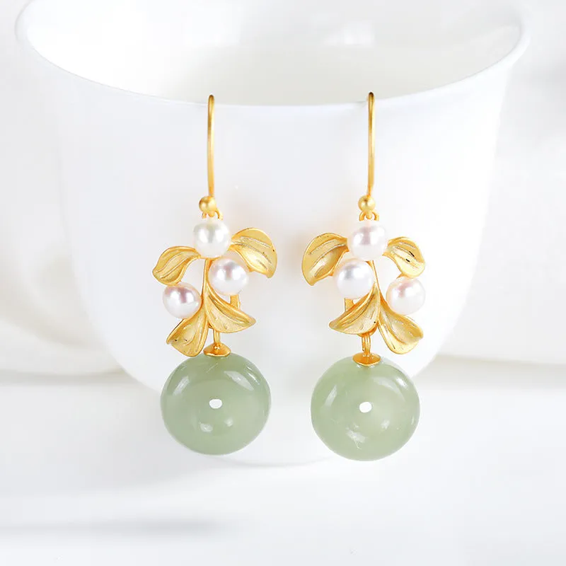 Natural Jade Earrings Nephrite Pearl Silver Earrings ZNE366