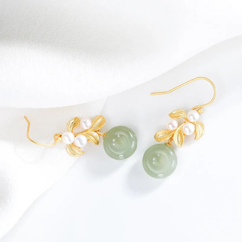 Natural Jade Earrings Nephrite Pearl Silver Earrings ZNE366