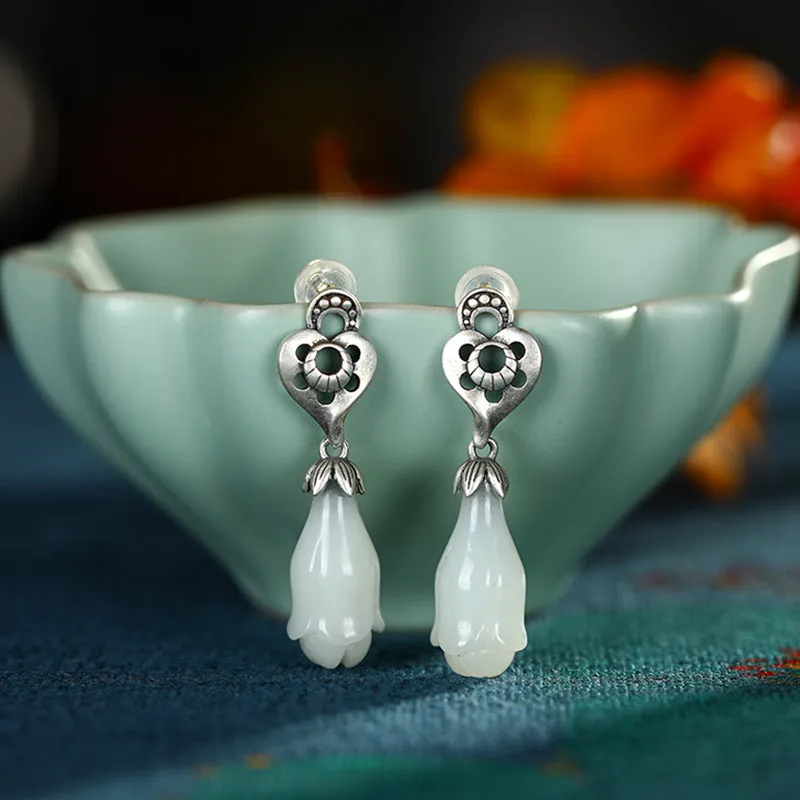 Natural Jade Earrings Nephrite Silver Earrings ZNE365