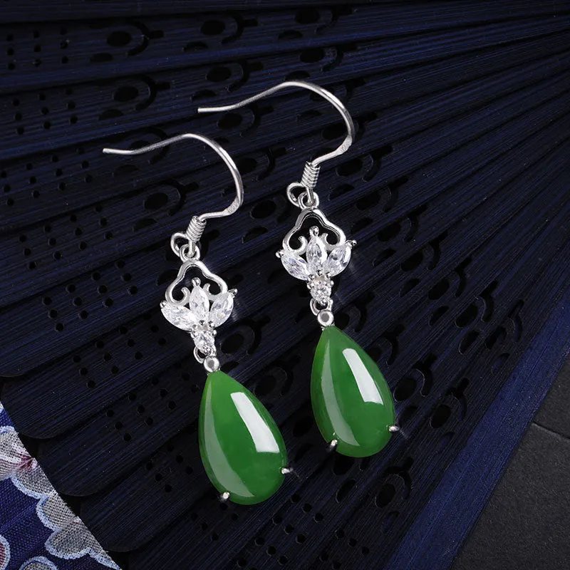 Natural Jade Earrings Nephrite Silver Zircon Earrings ZEG531