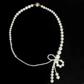 Natural Pearl Round Beads Bow Design Choker Necklace 18K Yellow Gold Jewelry