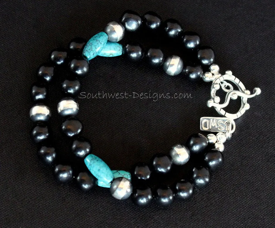 New Mexico Black Jet 2-Strand Bracelet with Turquoise Barrel Beads and Sterling Silver