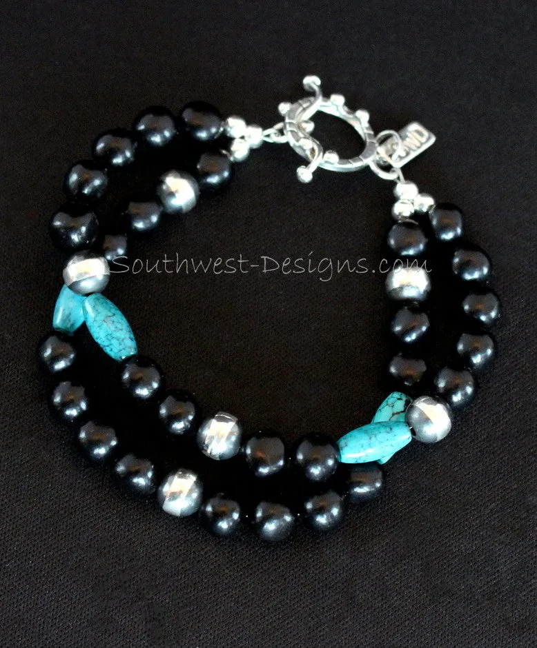 New Mexico Black Jet 2-Strand Bracelet with Turquoise Barrel Beads and Sterling Silver