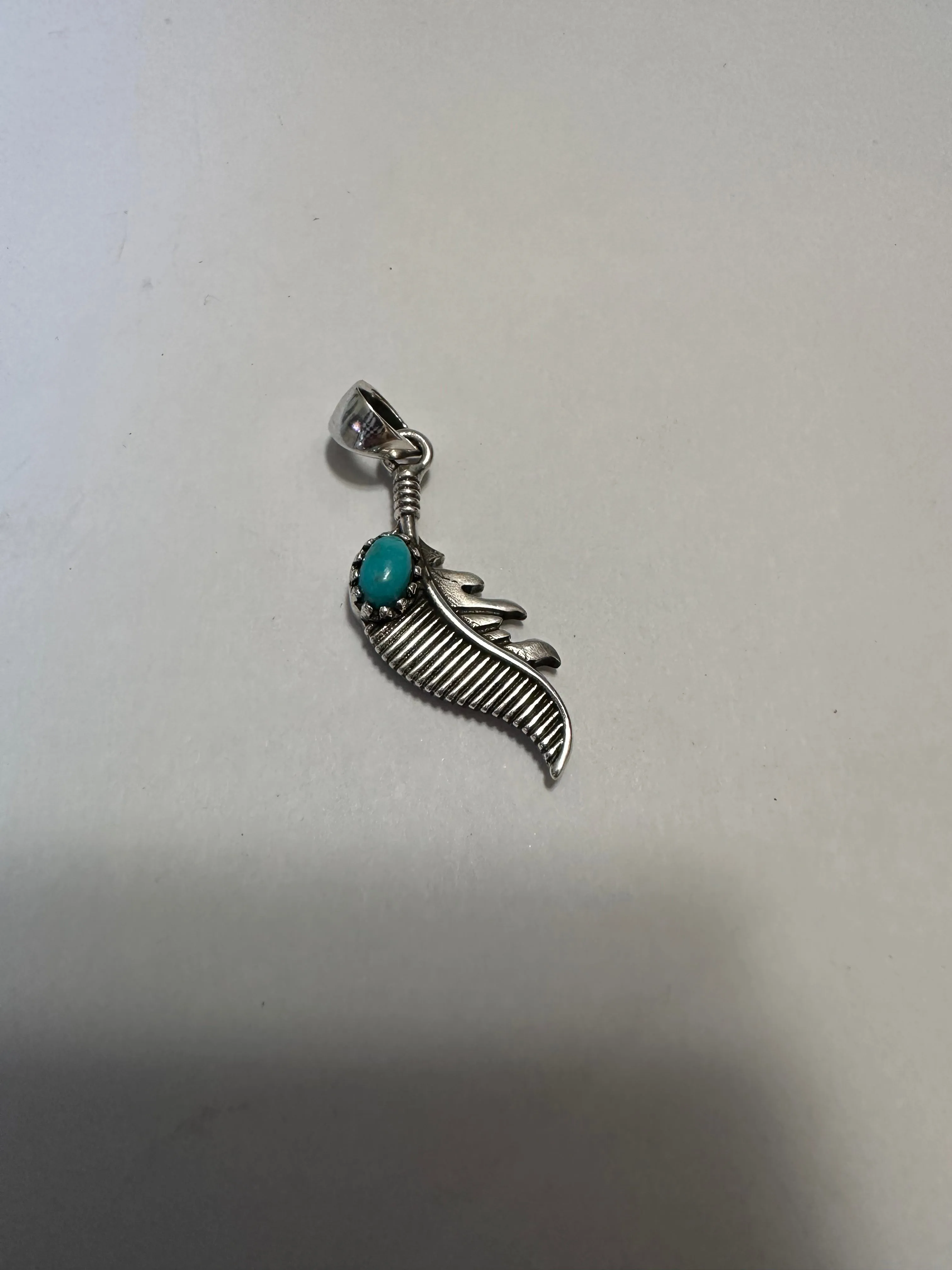 Nizhoni Turquoise & Sterling Silver Feather Pendant Signed Nizhoni