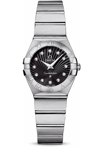 Omega Ladies Constellation Quartz Watch - 24 mm Brushed Steel Case - Black Diamond Dial - 123.10.24.60.51.001