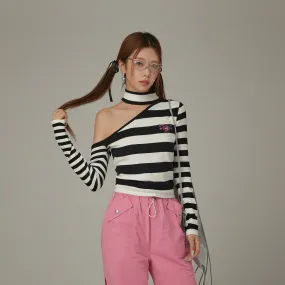 One Shoulder Choker Stripe Knit Top