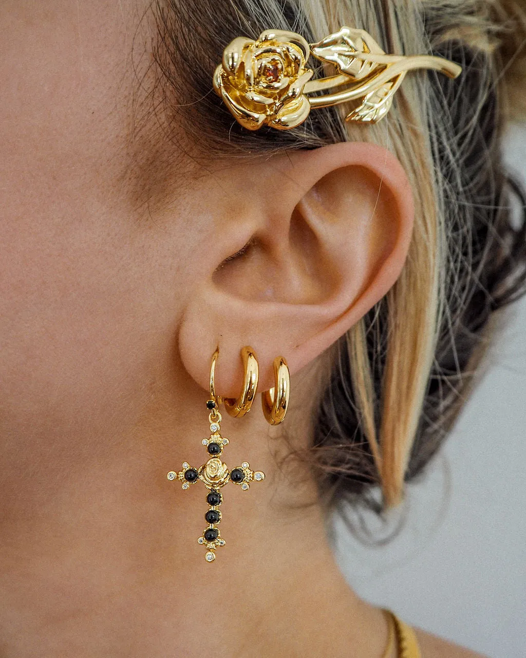 Onyx Rose Cross Hoops- Gold