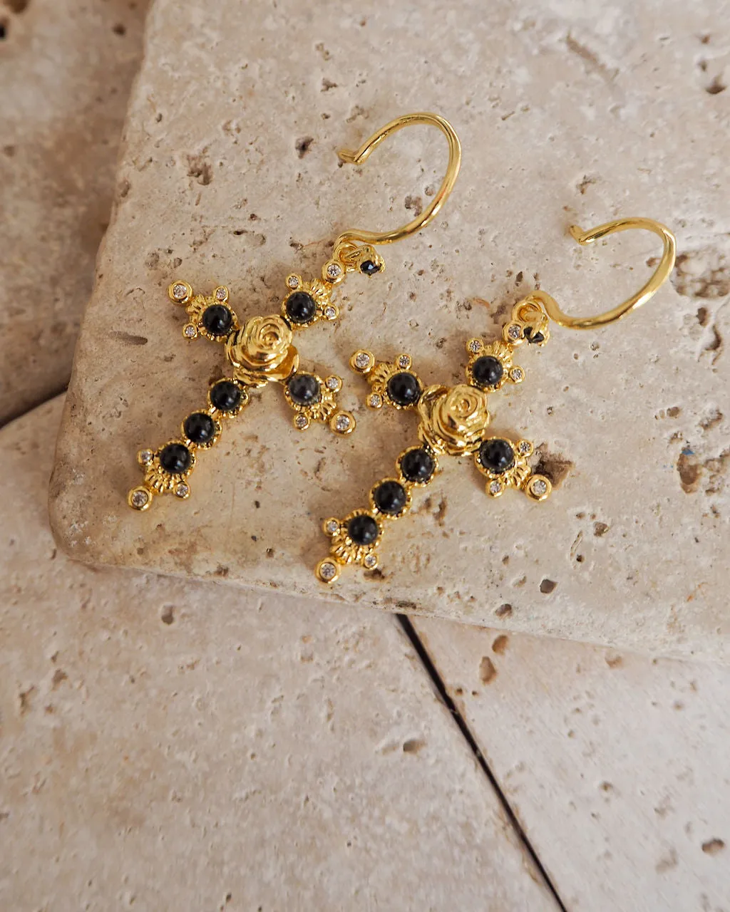 Onyx Rose Cross Hoops- Gold