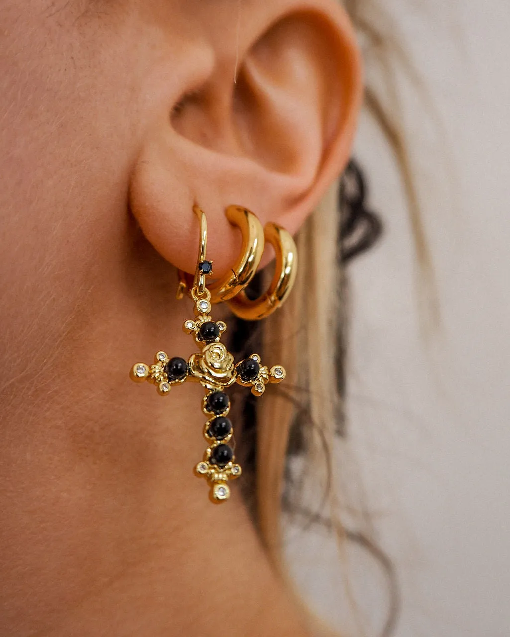 Onyx Rose Cross Hoops- Gold