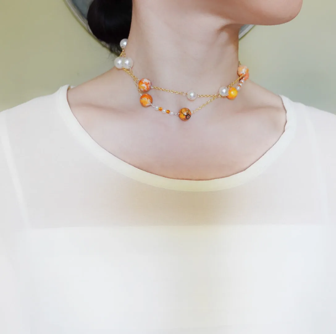 Orange Gemstone and Pearl Necklace and Earrings Set