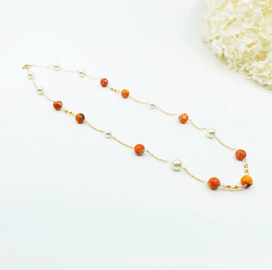 Orange Gemstone and Pearl Necklace and Earrings Set