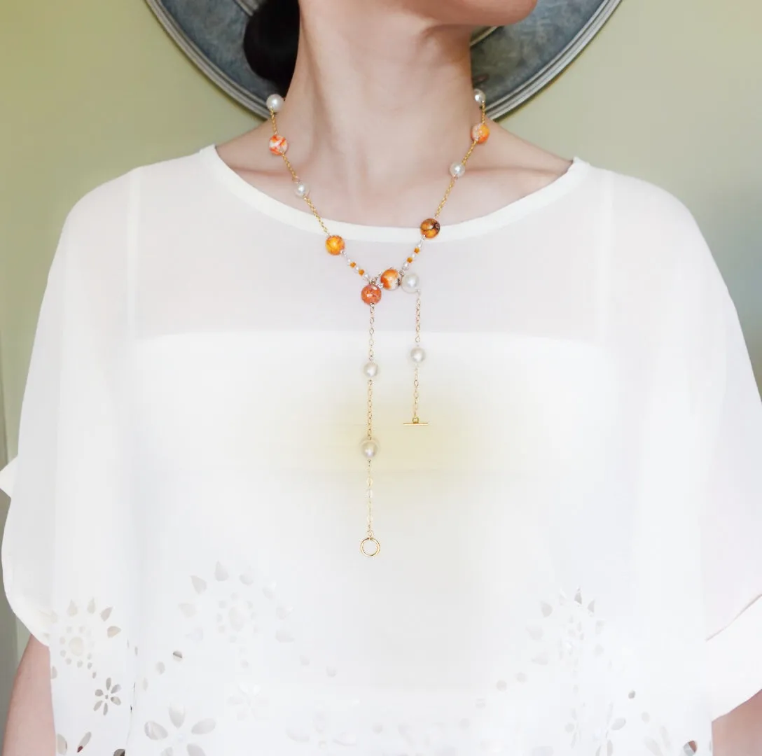 Orange Gemstone and Pearl Necklace and Earrings Set