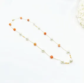 Orange Gemstone and Pearl Necklace and Earrings Set