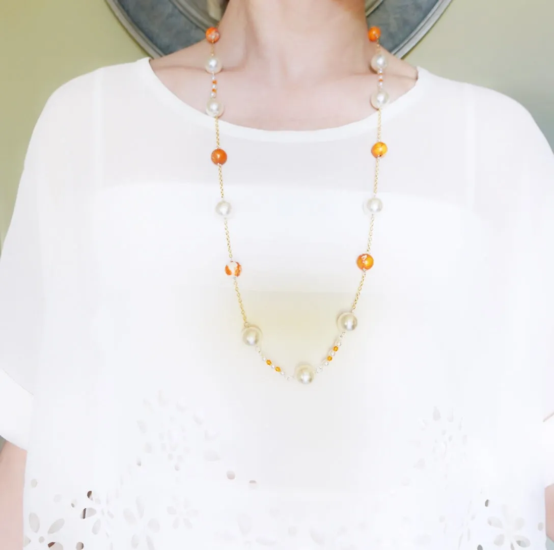 Orange Gemstone and Pearl Necklace and Earrings Set