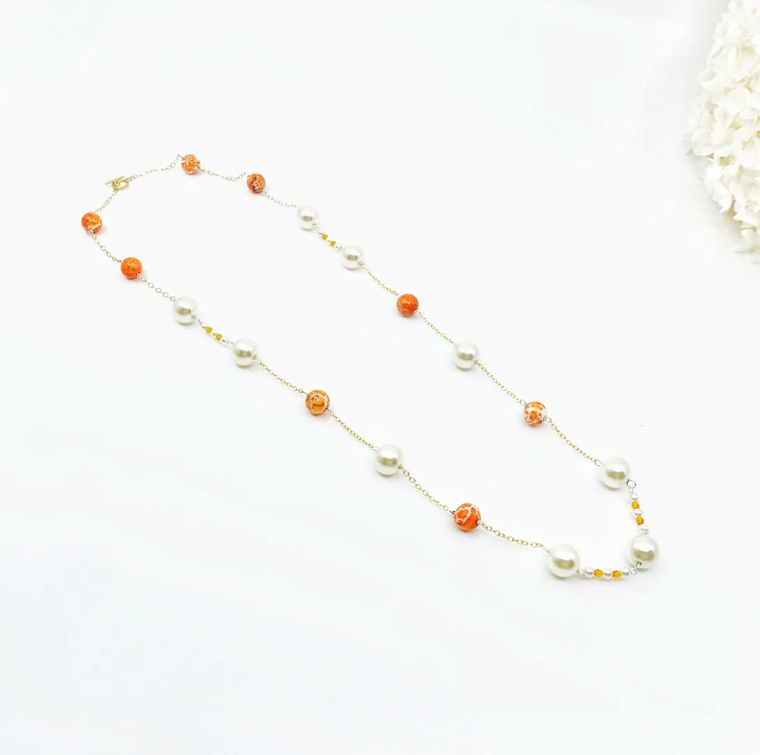 Orange Gemstone and Pearl Necklace and Earrings Set