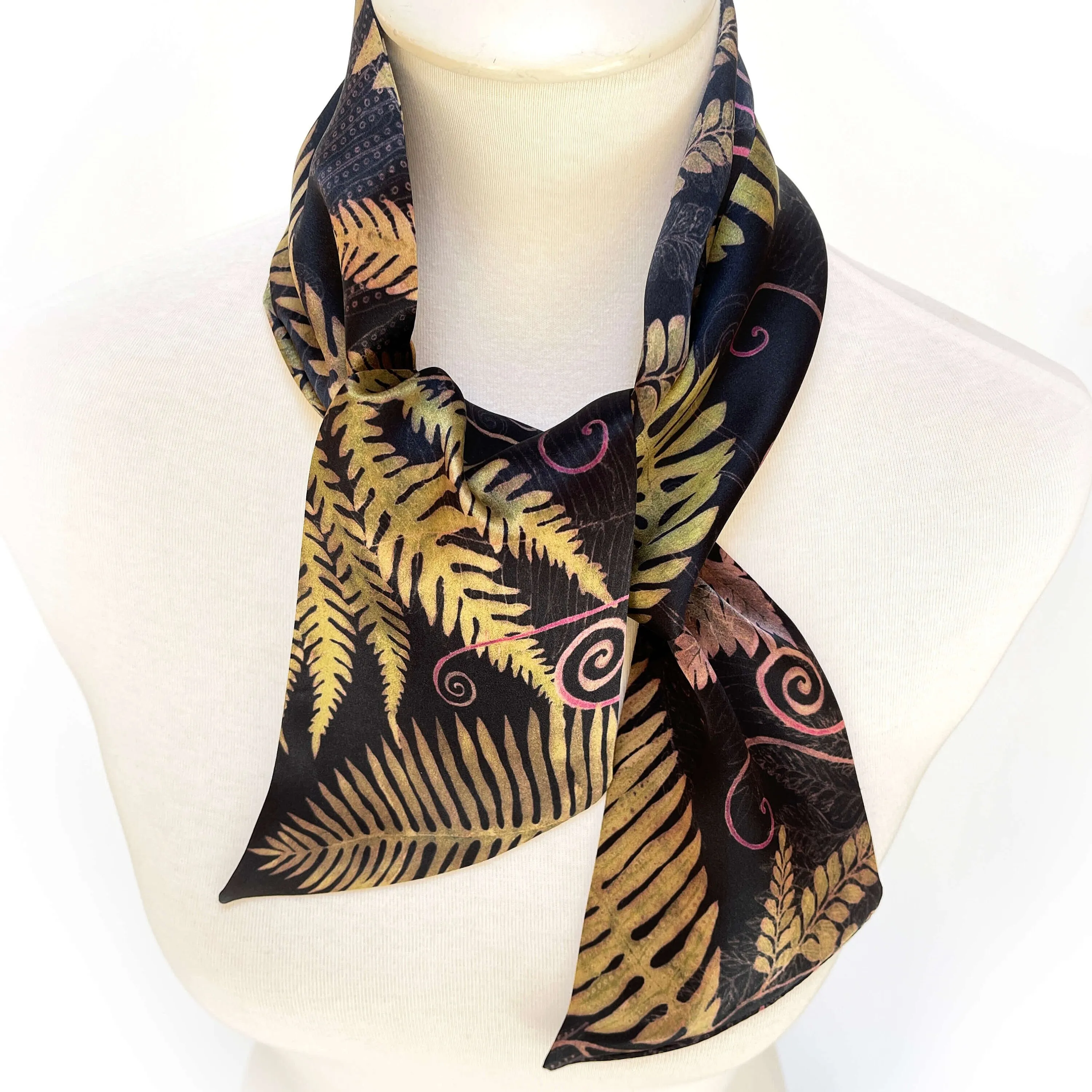 Pure Silk Scarf Ferns & Fiddleheads on Black, Womans Scarf, Hair Scarf, Neck Scarf, Headband, Designer Scarf, 100% Pure Silk