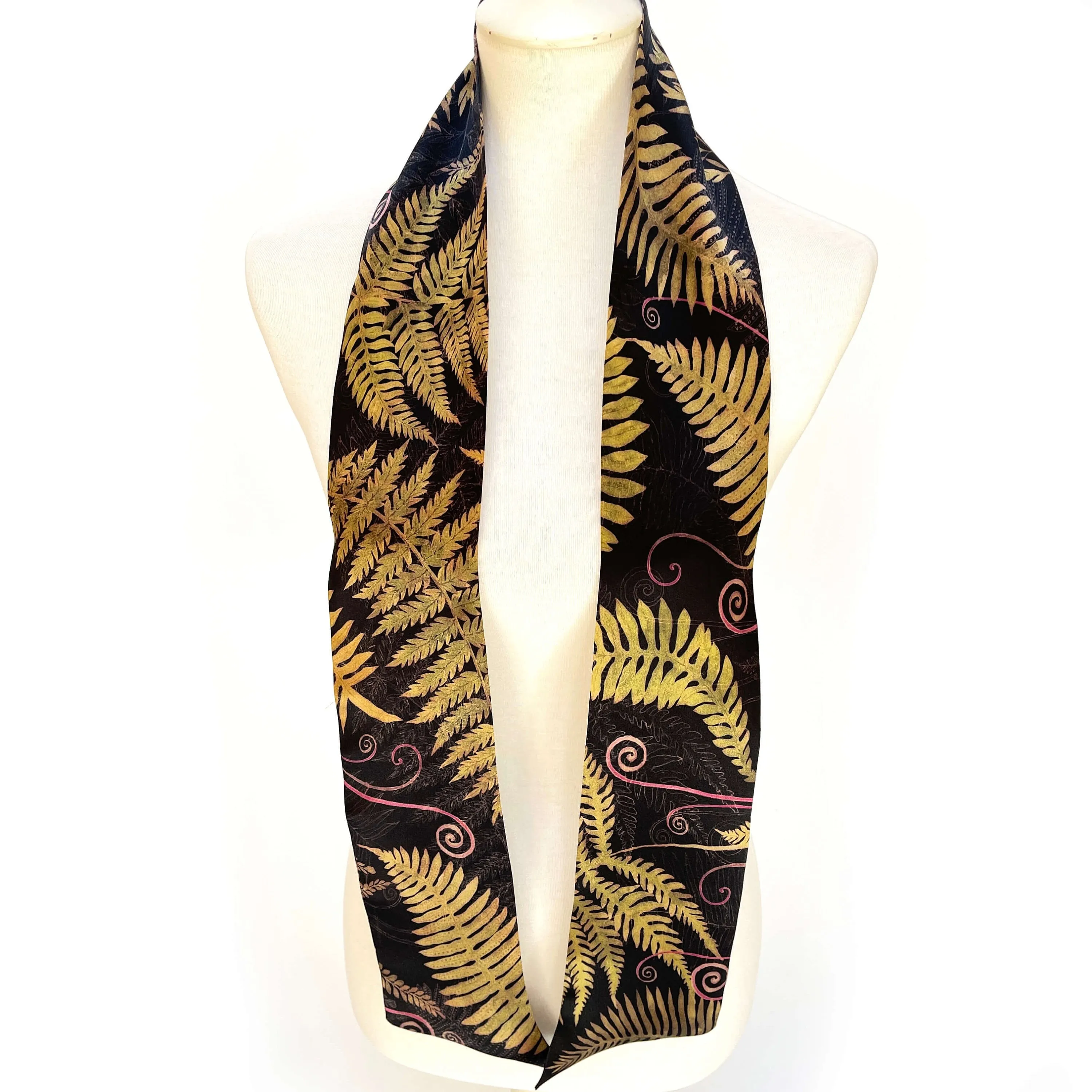 Pure Silk Scarf Ferns & Fiddleheads on Black, Womans Scarf, Hair Scarf, Neck Scarf, Headband, Designer Scarf, 100% Pure Silk