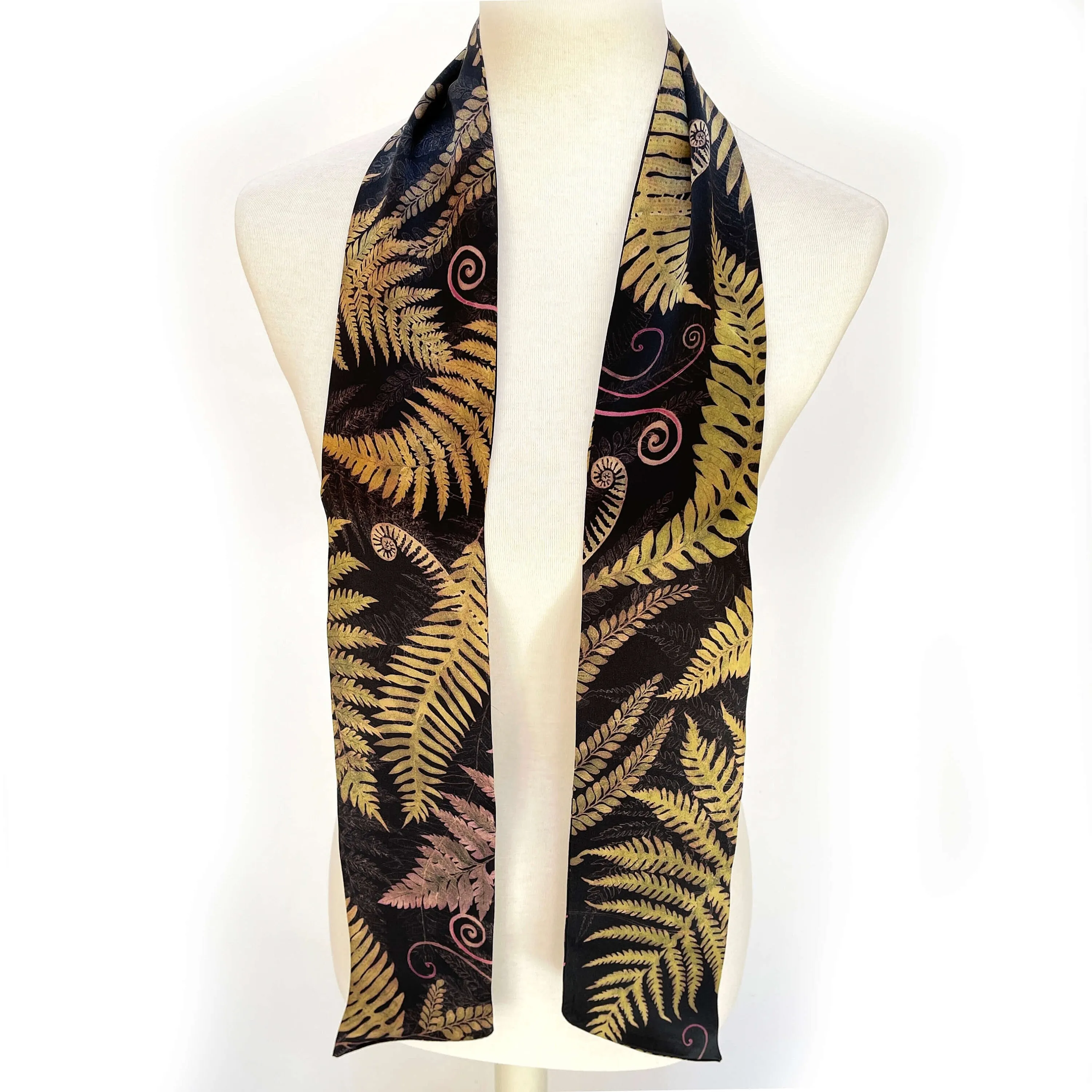 Pure Silk Scarf Ferns & Fiddleheads on Black, Womans Scarf, Hair Scarf, Neck Scarf, Headband, Designer Scarf, 100% Pure Silk