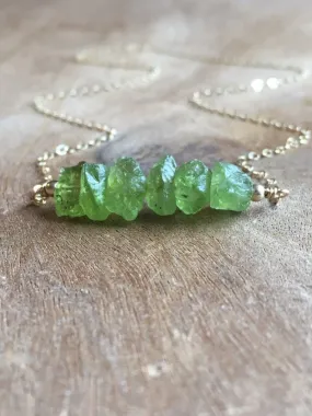 Raw Peridot Crystal Bar Necklace on Silver or Gold