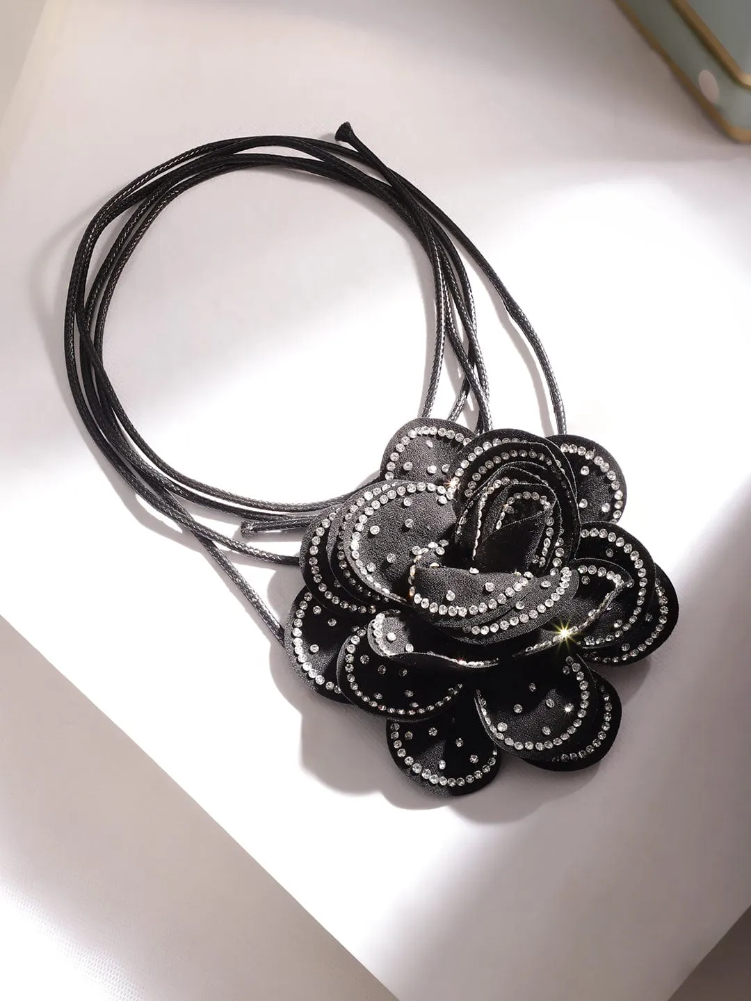 Rubans Voguish Women's Black Colored Floral Pendant Zircon Studded Choker