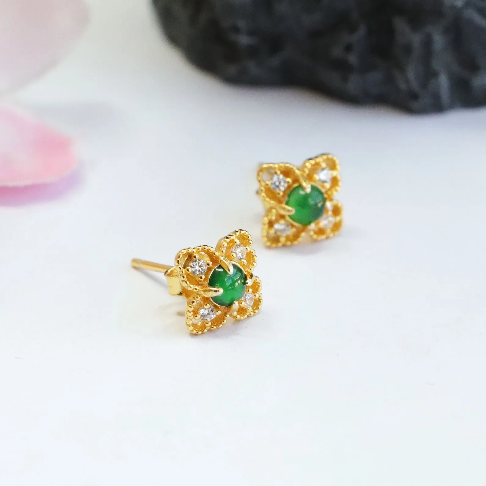 S925 Sterling Silver Ice Green Jade Petal Stud Earrings