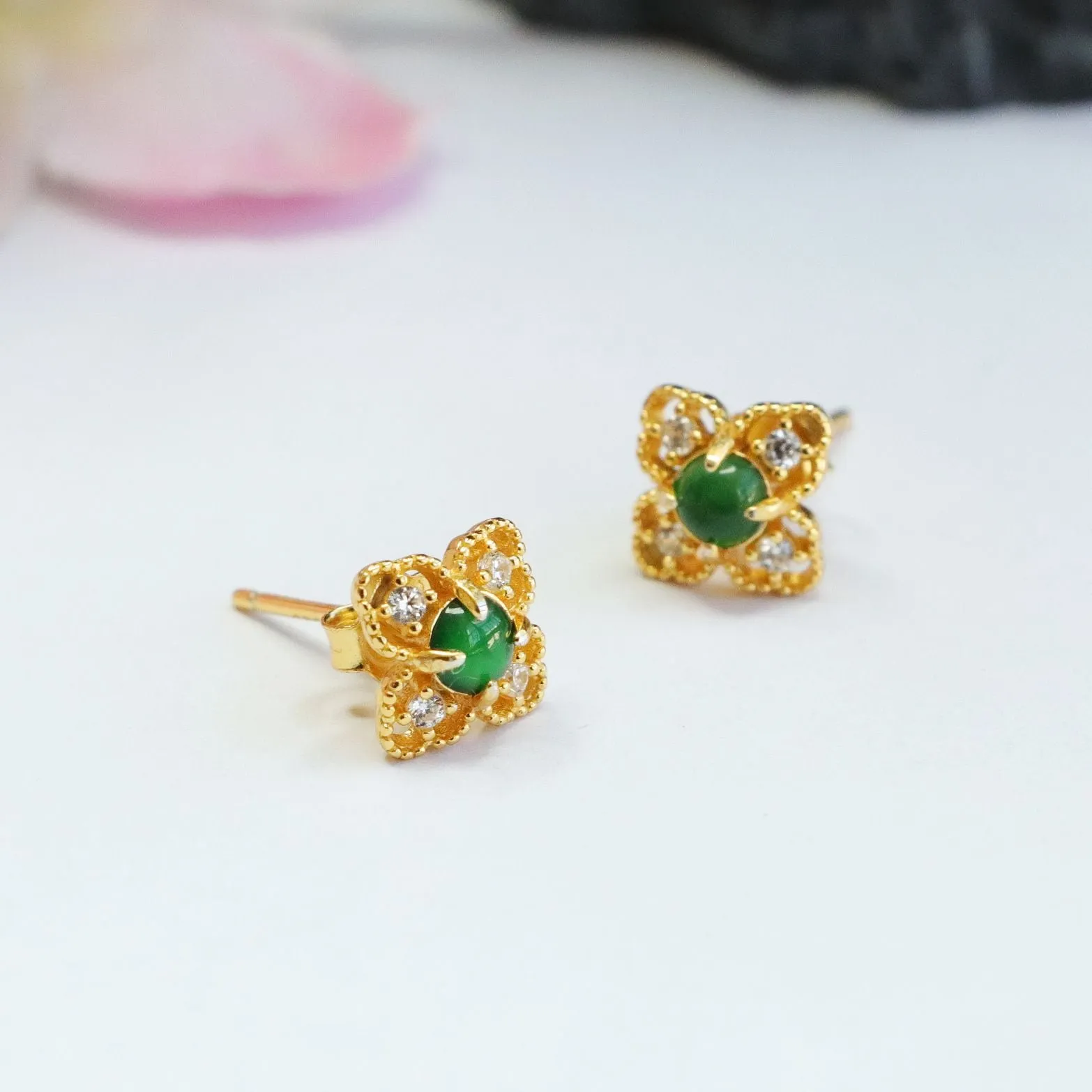 S925 Sterling Silver Ice Green Jade Petal Stud Earrings