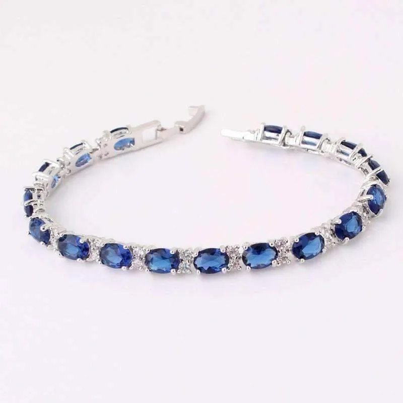 Sapphire Blue Oval Austrian Crystal Tennis Bracelet in 14K White Gold for Women