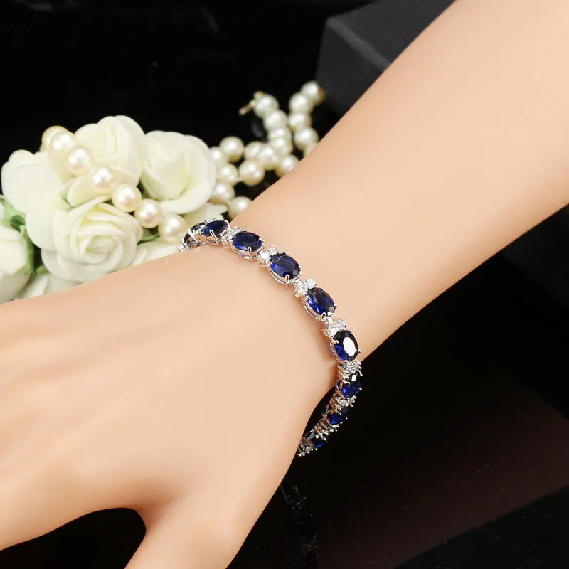 Sapphire Blue Oval Austrian Crystal Tennis Bracelet in 14K White Gold for Women