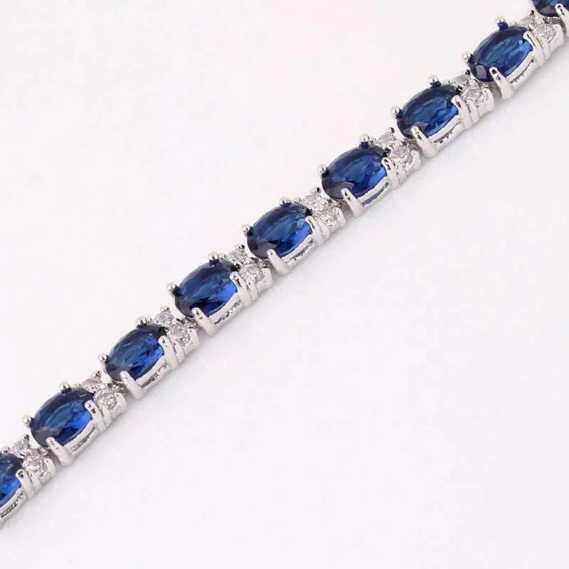 Sapphire Blue Oval Austrian Crystal Tennis Bracelet in 14K White Gold for Women