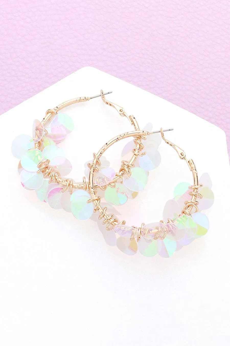 Sequin Petal Cluster Hoop Earrings - Iridescent AB, Light Blue or Hot Pink