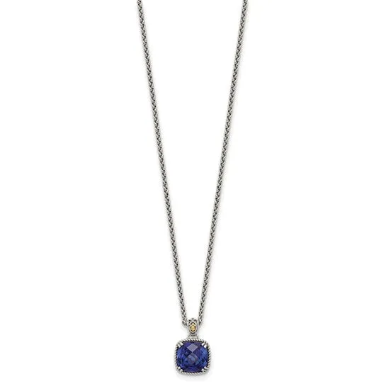 Shey Couture Sterling Silver with 14k Lab Created Checkerboard Cushion Sapphire 18 inch Necklace