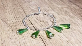 Silver Plated Chain Bracelet with Aurora Borealis finished Green Czech Glass. Hand Crafted, Adjustable with Lobster Claw Clasp
 