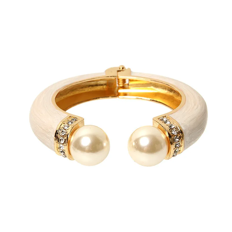 Sisslia New Design High Quality Golden Color Alloy Cuff Charm ABS Pearls Diamond Bangle For Women