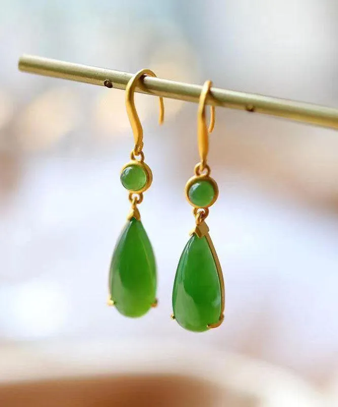 Skinny Green Sterling Silver Inlaid Jade Drop Earrings