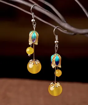 Skinny Yellow Jade Cloisonne Floral Drop Earrings