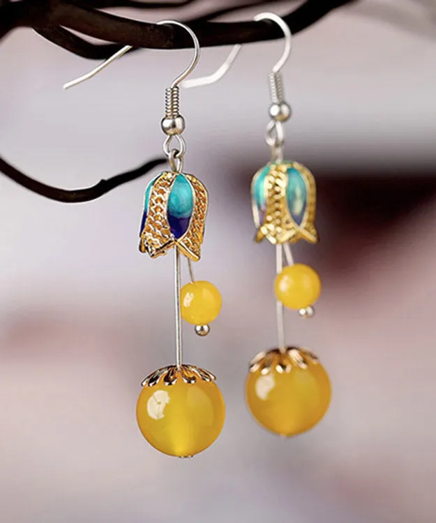 Skinny Yellow Jade Cloisonne Floral Drop Earrings