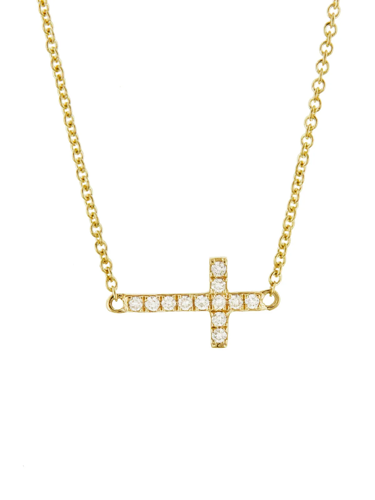 Small Sideways Diamond Cross Yellow Gold Necklace