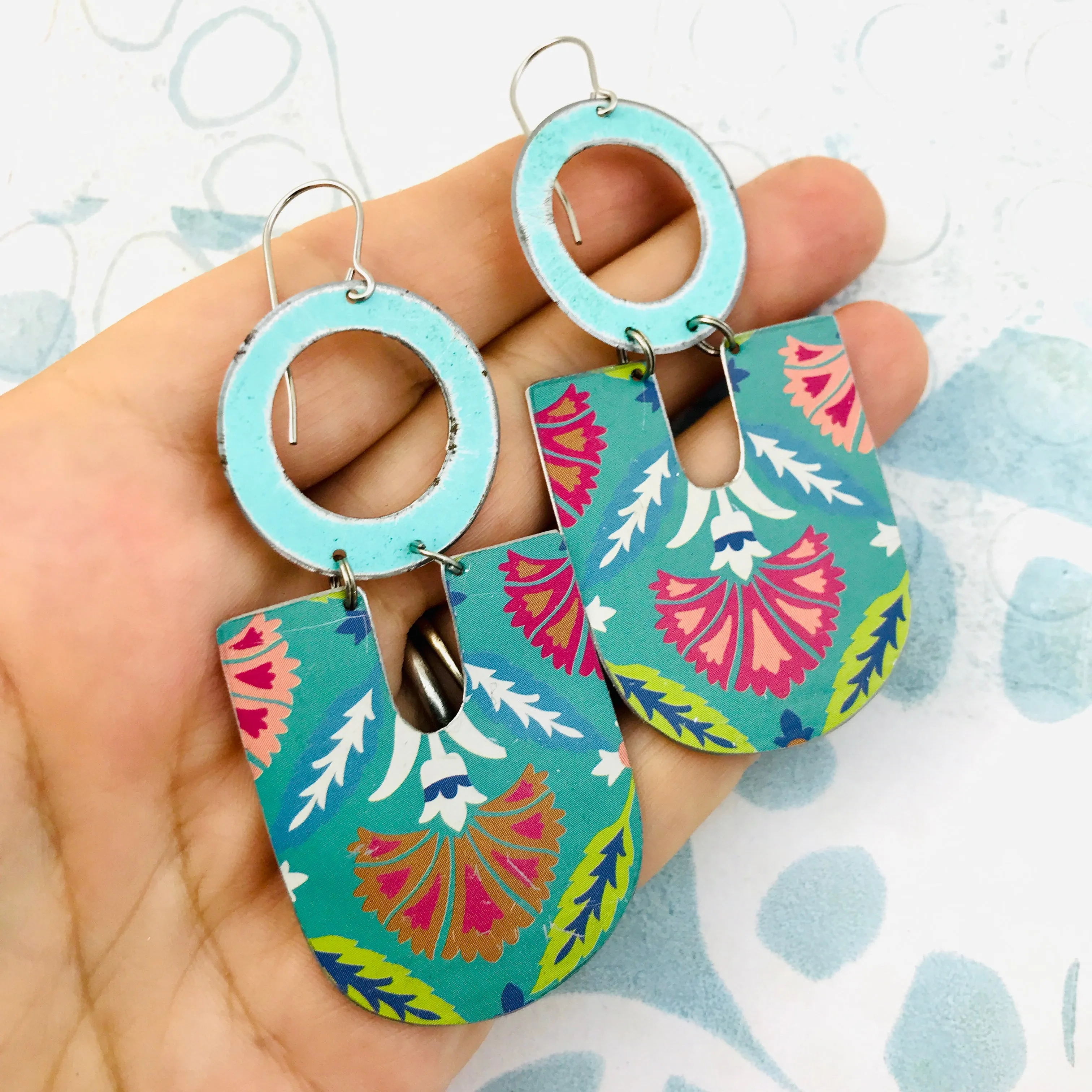 Soft Green & Jade Green Pattern Horseshoes Zero Waste Tin Earrings